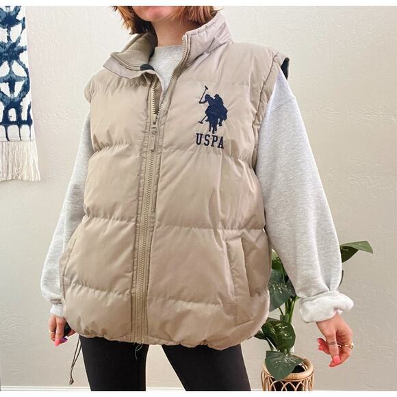 U.S. Polo Association Embroidered Logo Beige Oversized Quilted Puffer Vest - Picture 2 of 7